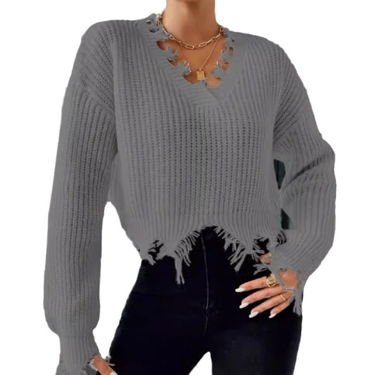 Damen Oversized Strickpullover mit fransigem Saum und raffiniertem Ausschnitt EB