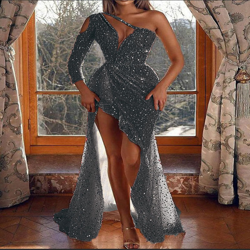 Damen Festliches Cocktailkleid mit glitzerndem Oberteil und asymmetrischem Design EB