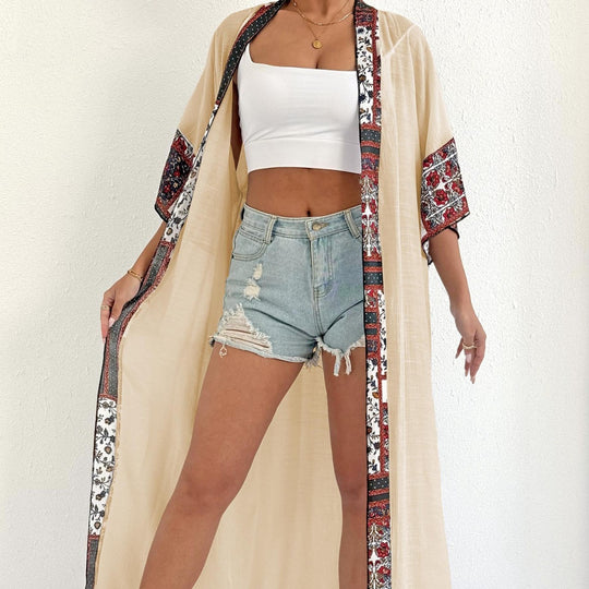 Damen eleganter, leichter Kaftan mit buntem Häkelbesatz EB