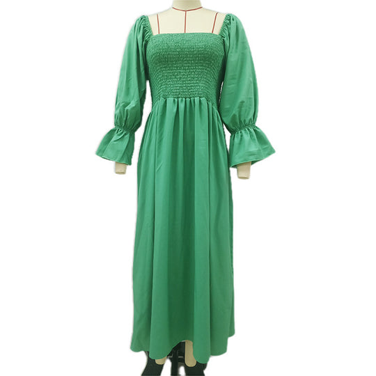 Damen Maxikleid mit Puffärmeln und elastischem Taillenbund EB