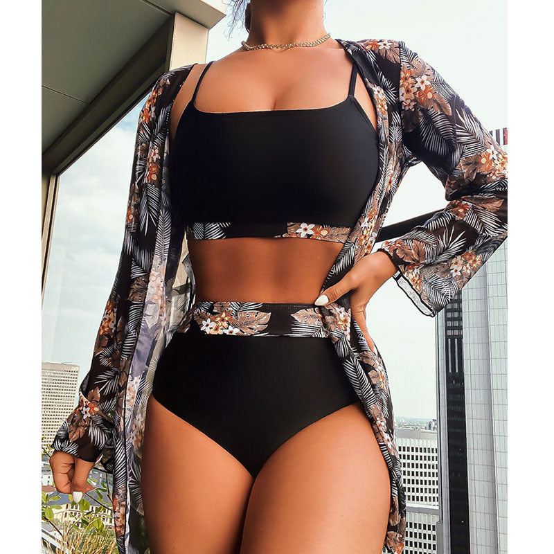 Damen Bikiniset mit floralem Kimono und modischen Details EB