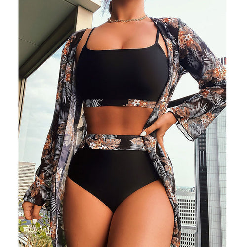 Damen Bikiniset mit floralem Kimono und modischen Details EB