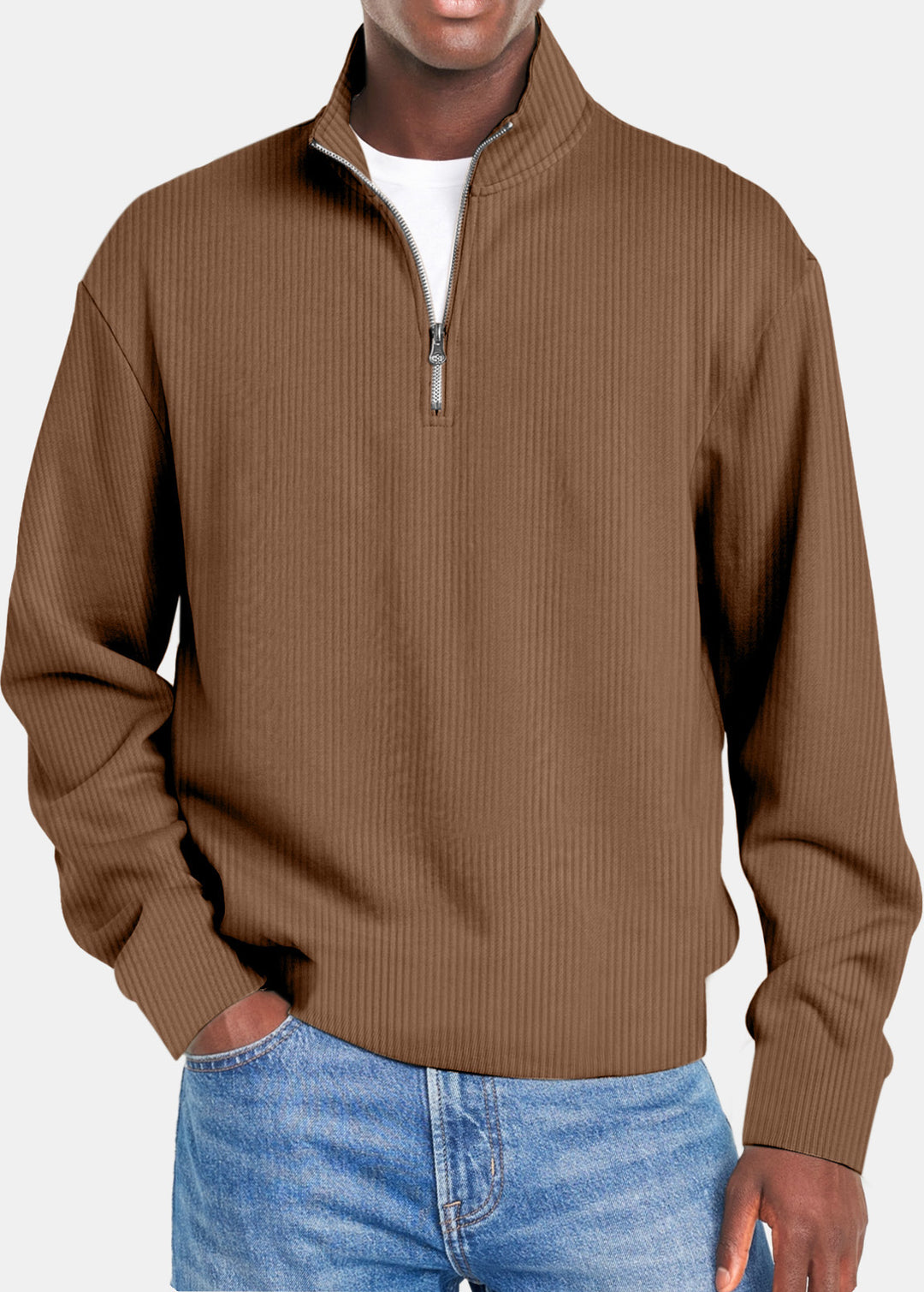 Herren nan gerippter Troyer-Pullover mit Halbzip und Stehkragen EB
