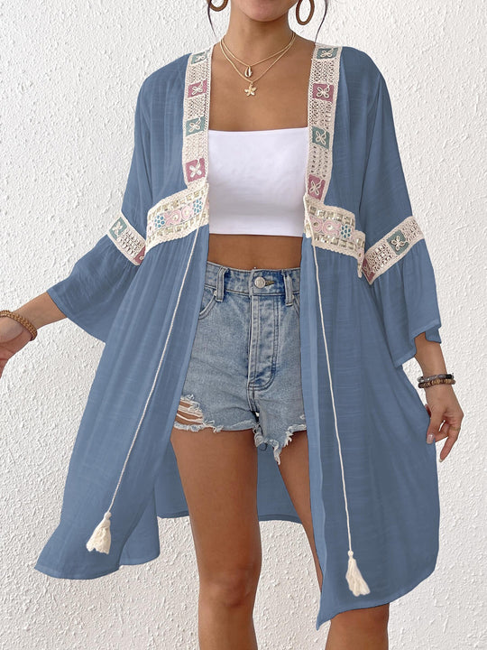 Damen luftiger Strandkimono mit floralen Stickereien EB