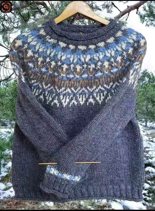 Damen nan melierter Rundhalsausschnittpullover mit kreisförmigem Jacquard-Yoke und geripptem Saum EB