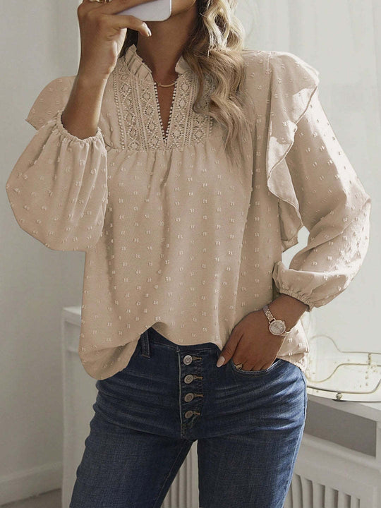 Damen Viskose-Bluse mit Spitzenstickerei und Volantärmeln EB