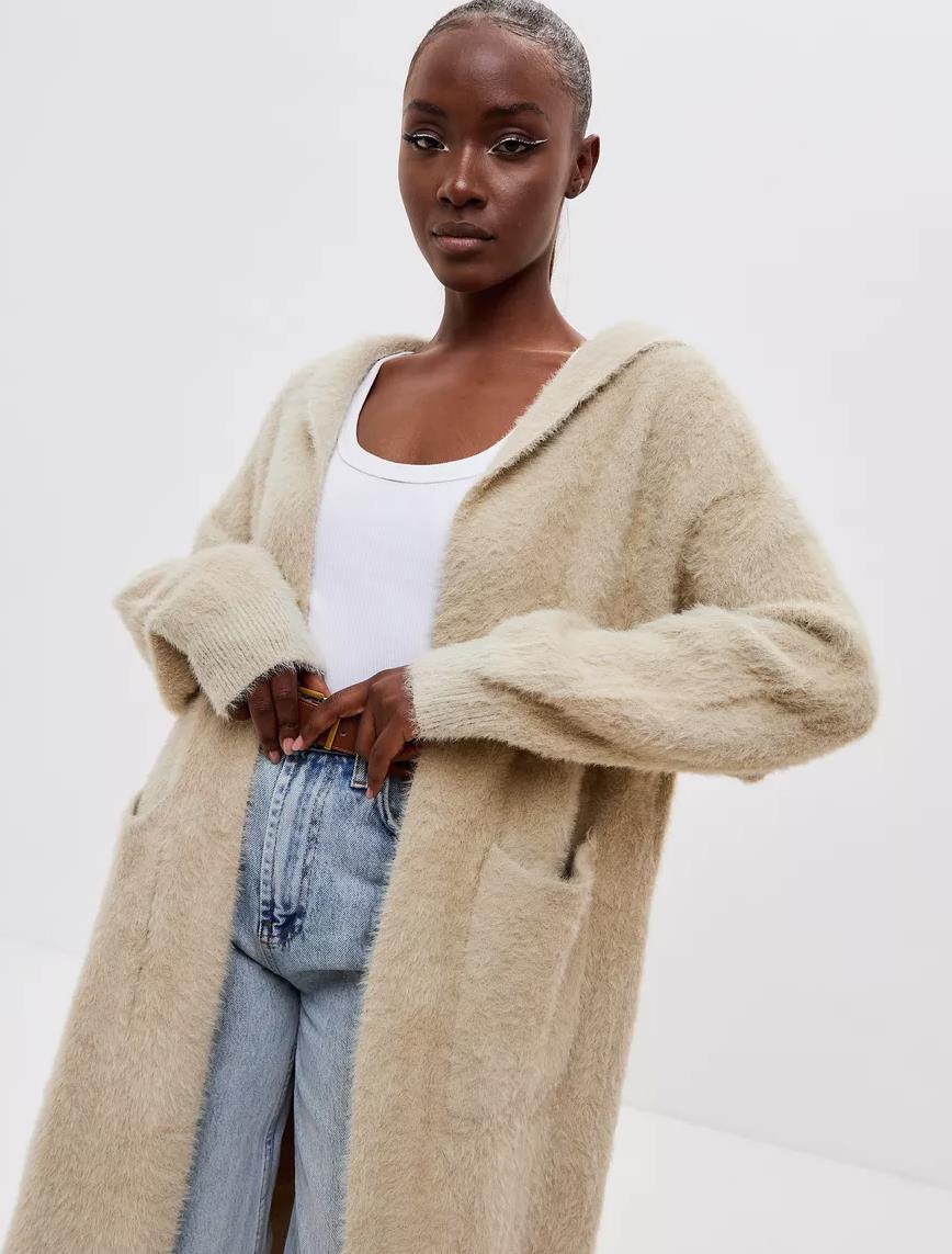 Damen Kapuzen-Strickmantel mit luxuriösem Flauschteil EB