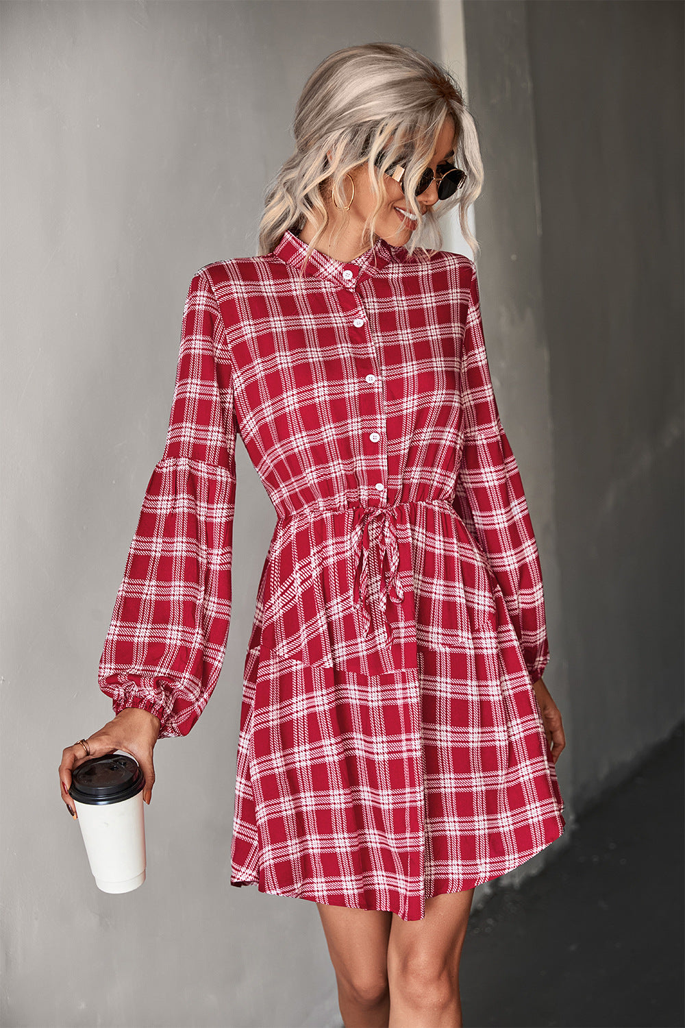 Damen Hemdblusenkleid mit verstellbarem Taillengürtel und kariertem Design EB