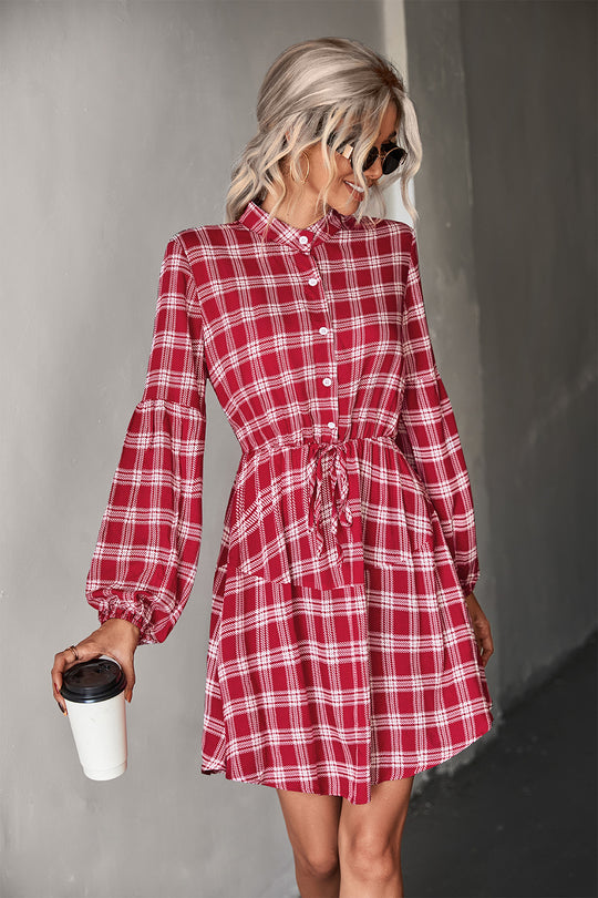 Damen Hemdblusenkleid mit verstellbarem Taillengürtel und kariertem Design EB