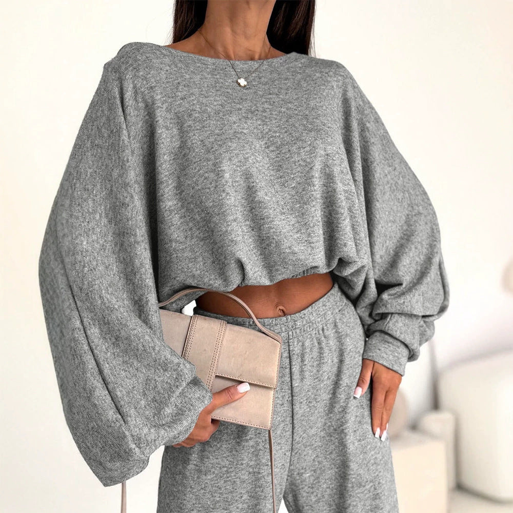 Damen Lässiges Strick-Lounge-Set mit Fledermausärmeln und High-Waist-Joggpants EB