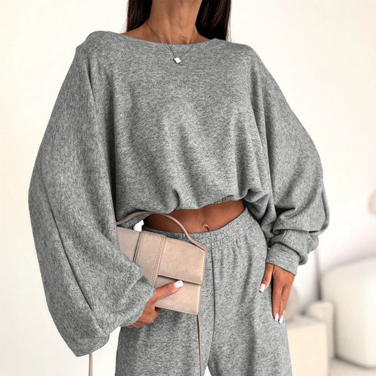Damen Lässiges Strick-Lounge-Set mit Fledermausärmeln und High-Waist-Joggpants EB