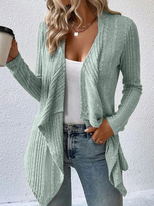 Damen lässige Strickjacke mit asymmetrischem Saum und offenem Design EB
