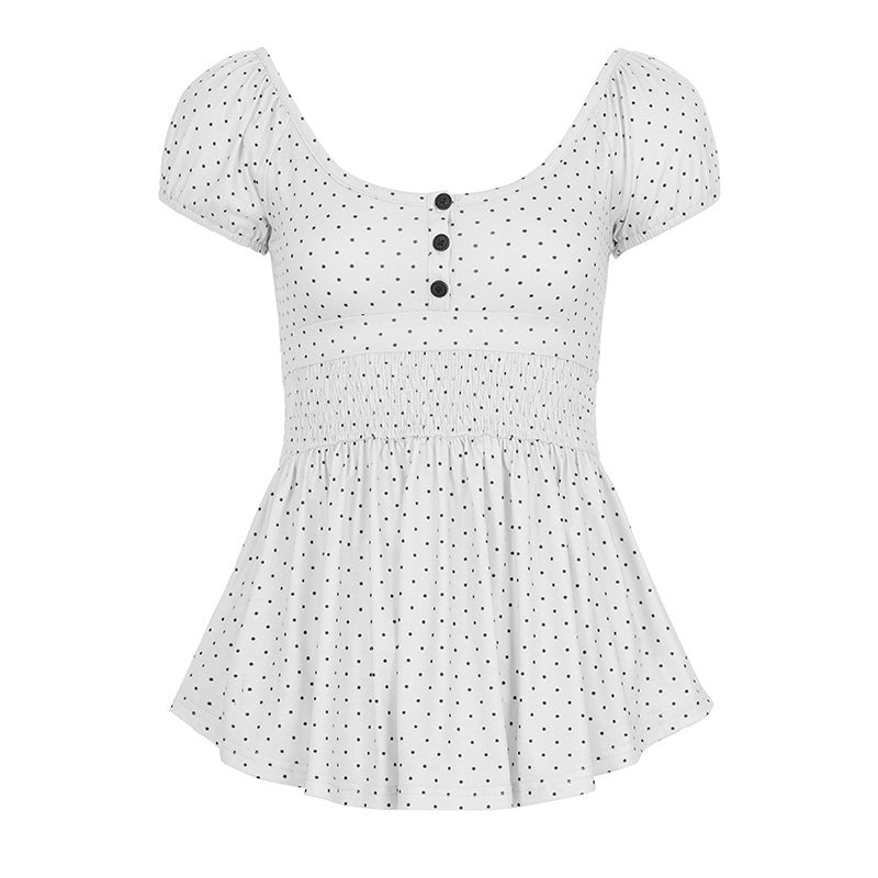 Damen Verspieltes Polka Dots Oberteil mit Rüschen und Knopfleiste EB