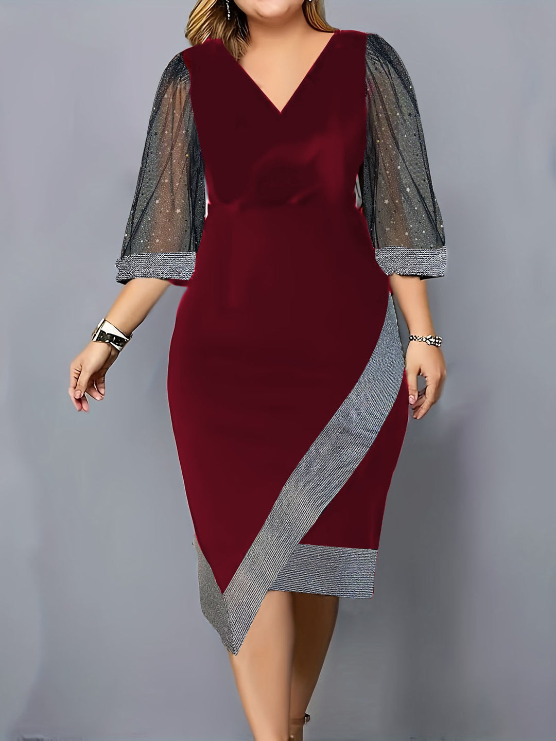 Damen Elegantes Cocktailkleid mit transparenten Puffärmeln und asymmetrischem Saum EB