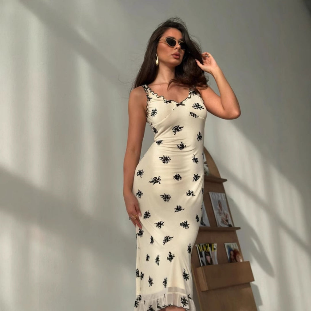 Damen Elegantes Maxikleid mit floralen Motiven und Rüschen EB