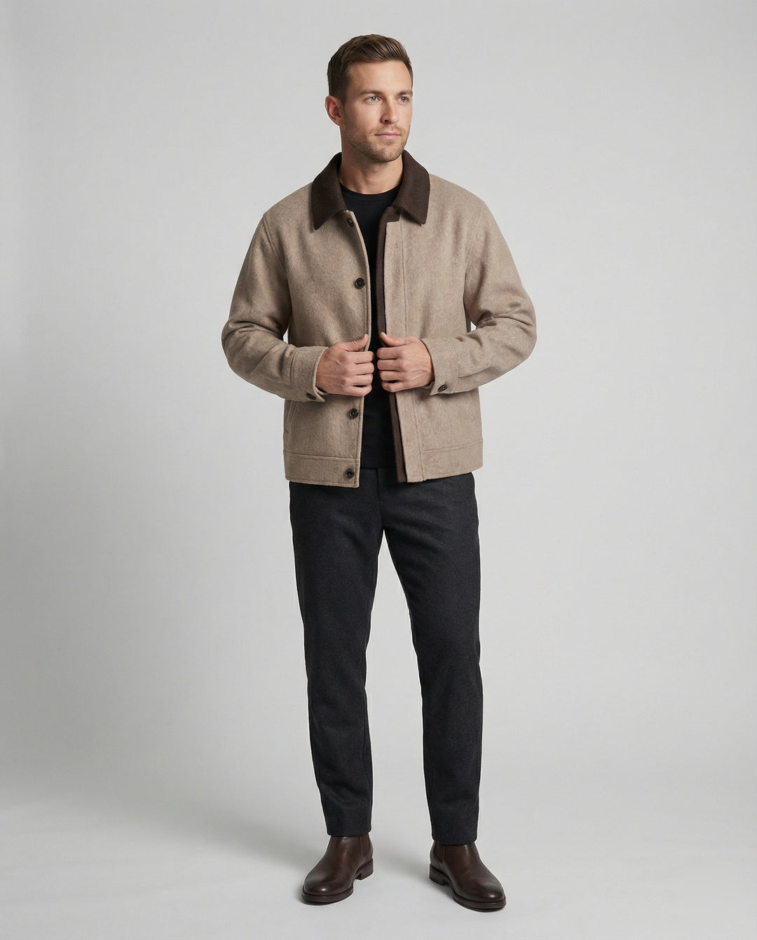 Herren geradliniger Wollmix-Hemdblouson mit Kontrastfutter und verdeckten Eingrifftaschen EB