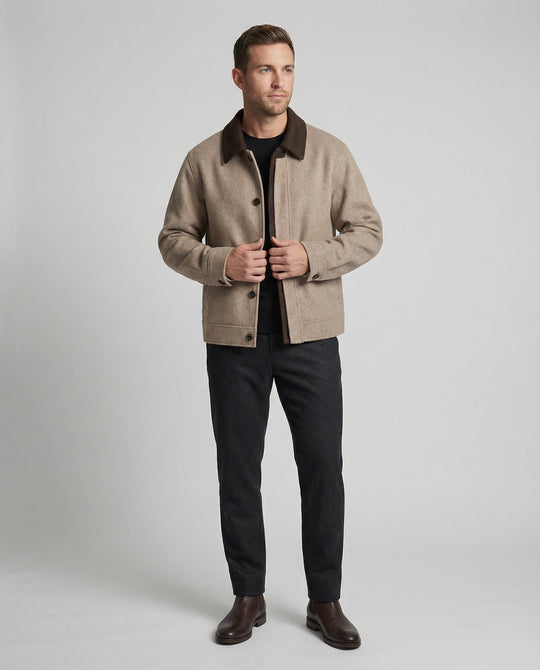 Herren geradliniger Wollmix-Hemdblouson mit Kontrastfutter und verdeckten Eingrifftaschen EB
