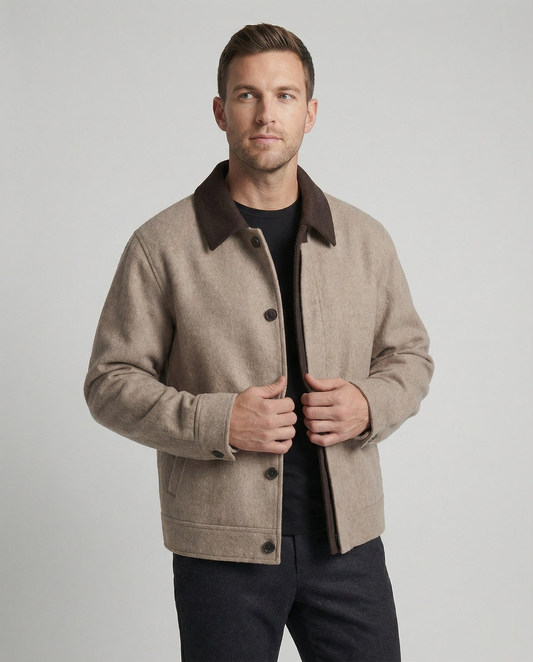 Herren geradliniger Wollmix-Hemdblouson mit Kontrastfutter und verdeckten Eingrifftaschen EB