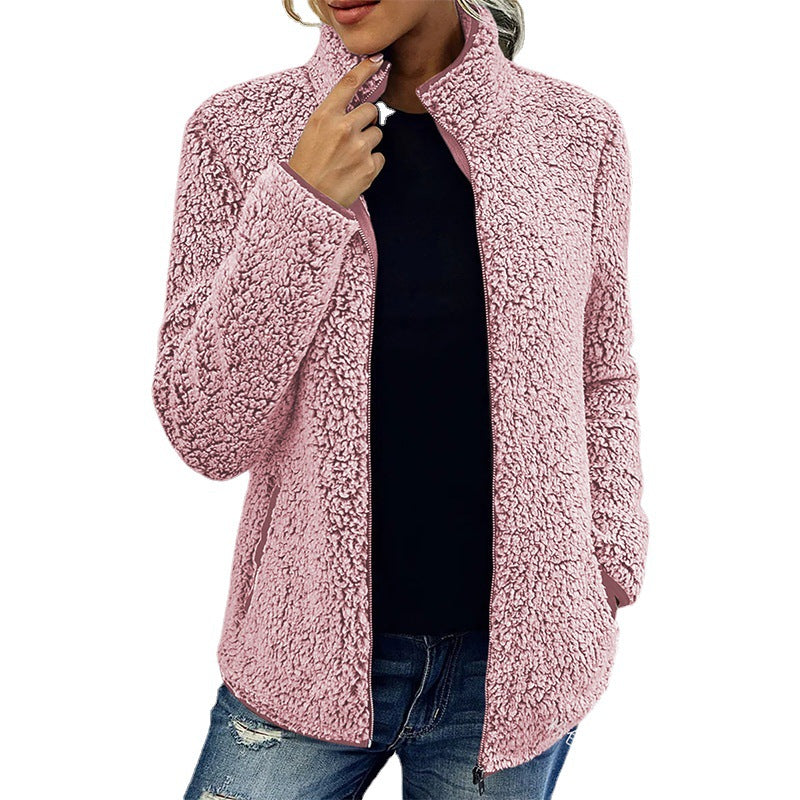 Damen Flauschige Fleecejacke mit hohen Kragen und seitlichen Taschen EB