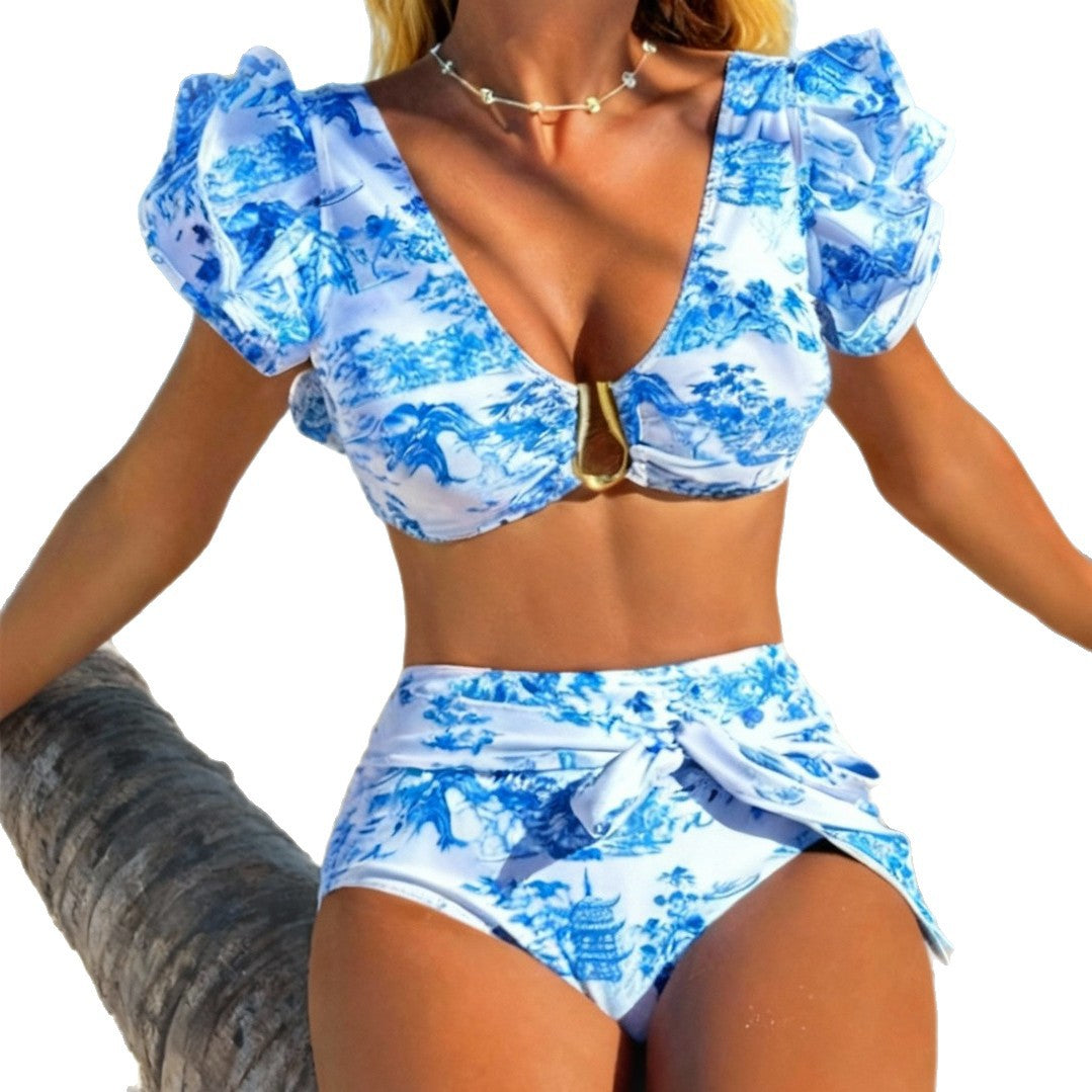 Damen Hochgeschnittener Retro-Bikini-Set mit Volants EB