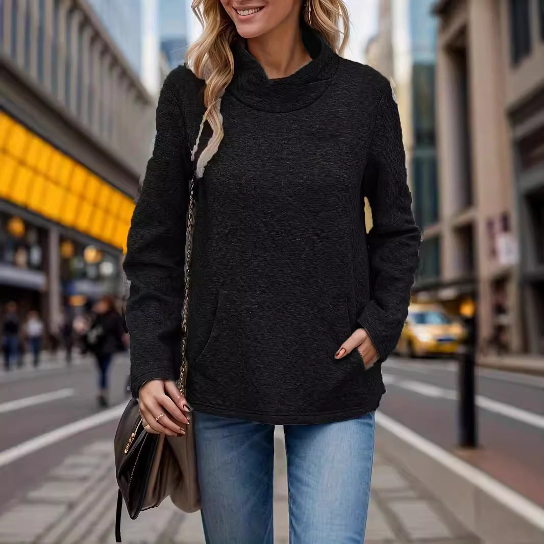 Damen lässiger Pullover mit hohem Kragen und Taschen EB