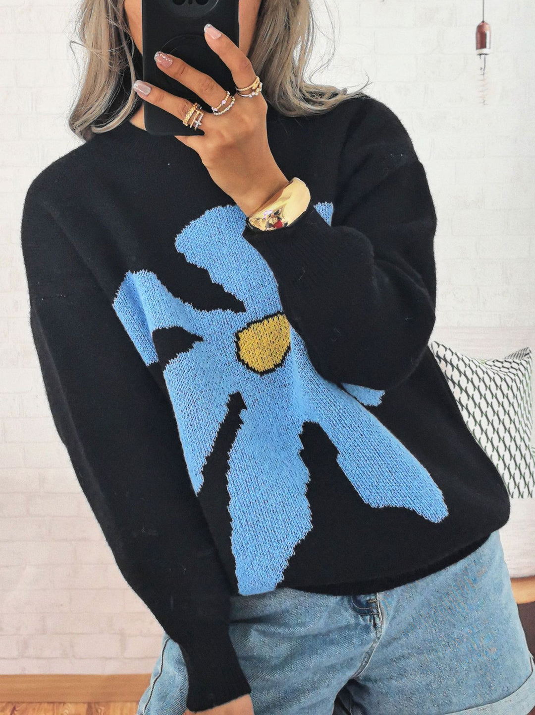 Damen Pullover mit auffälligem Blütenmotiv und lockerer Passform EB