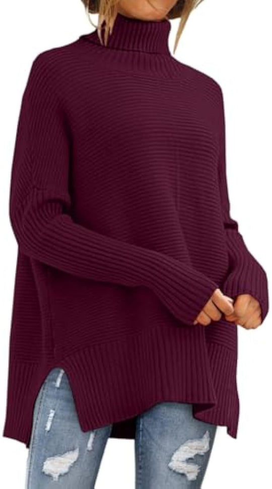 Damen Oversize-Rippenstrick Rollkragenpullover mit Seitenschlitzen und verlängertem Saum EB