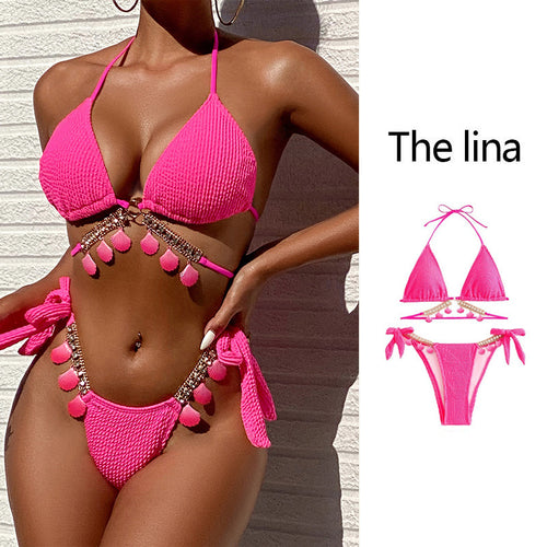 Damen Triangel-Bikini mit aufwendigen Anpassungsdetails und trendigen Quasten EB