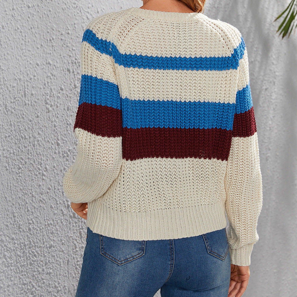 Damen Baumwollpullover mit modernen Blockstreifen und Rundhalsausschnitt EB