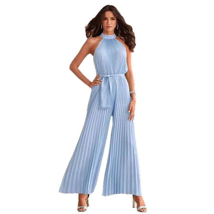 Damen Plissierter Ärmelloser Jumpsuit mit hohem Stehkragen, weitem Palazzo-Bein und Taillenschärpe EB