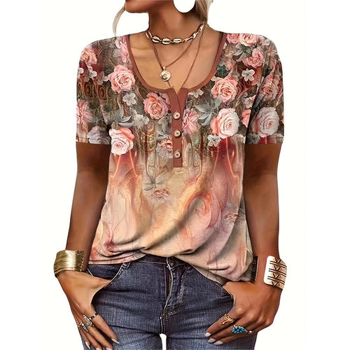 Damen Kurzarmshirt mit floralem Herzdesign und Knopfleiste EB