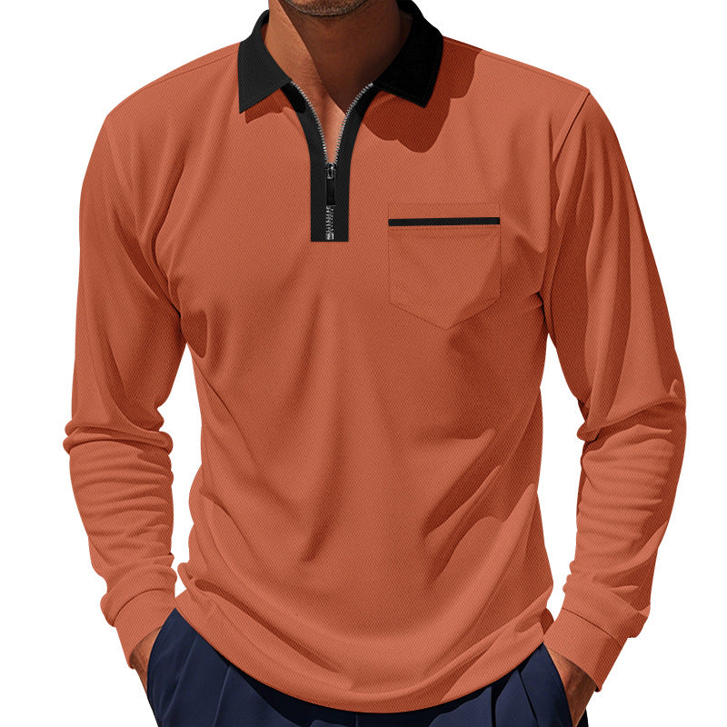 Herren nan langärmeliges Zip-Poloshirt mit Brusttasche und Kontrastkragen EB
