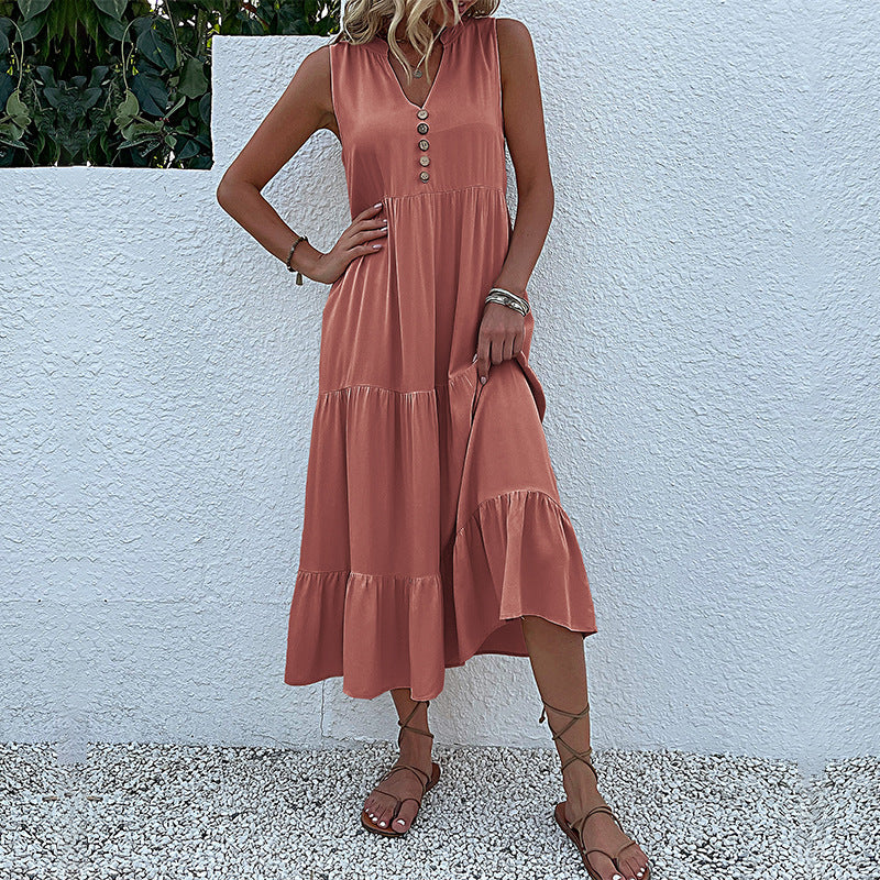 Damen Maxikleid mit Knopfdetail und voluminösem Rock EB