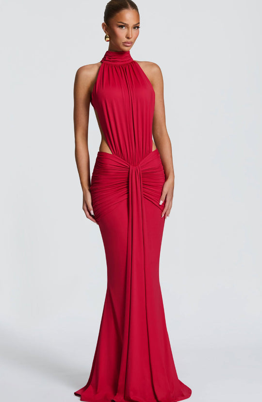 Damen Elegantes Maxikleid mit schickem Halterdesign und raffiniertem Drapierungselement EB