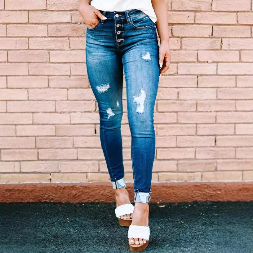 Damen High-Waist Skinny Jeans mit modischen Knopfdetails EB