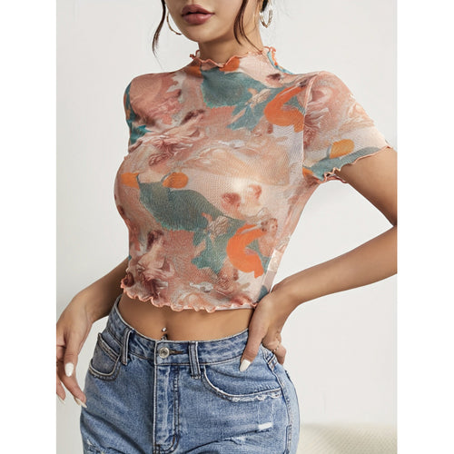 Damen Kurzarmshirt mit kunstvollem Print und modischem Schnitt EB