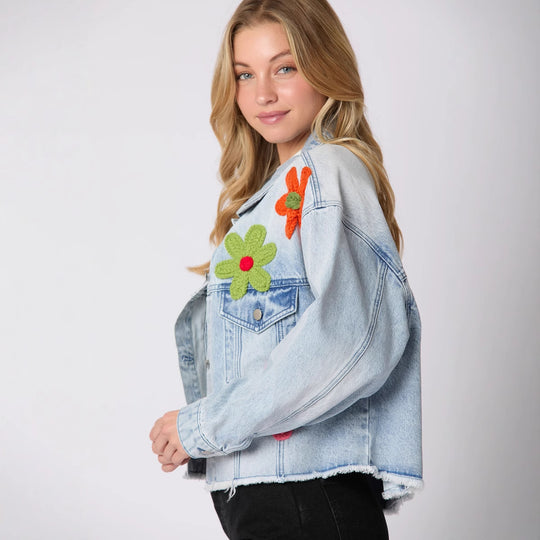 Damen Jeansjacke mit buntem Rugby-Print und lässigem Schnitt EB