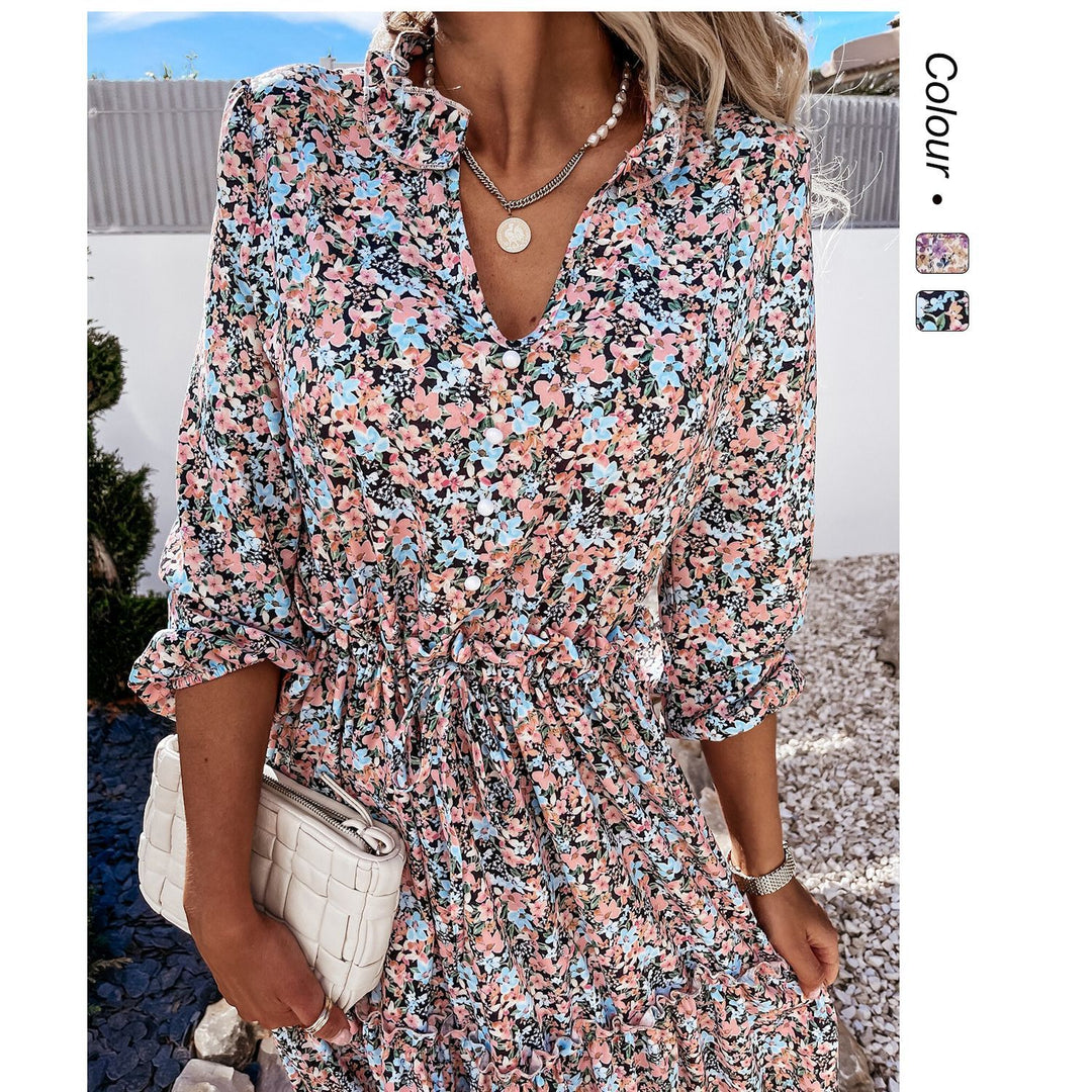 Damen Blumenkleid mit verspielten Rüschendetails und knielangem Schnitt EB