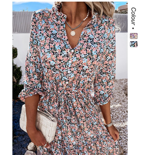 Damen Blumenkleid mit verspielten Rüschendetails und knielangem Schnitt EB