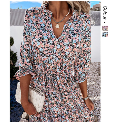 Damen Blumenkleid mit verspielten Rüschendetails und knielangem Schnitt EB