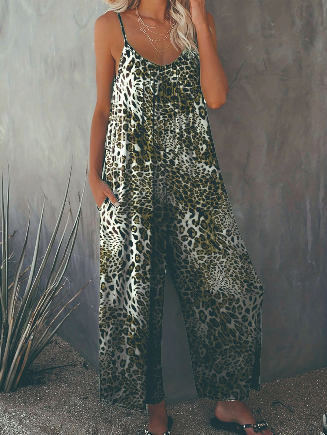 Damen Lockere Jumpsuit mit Animal-Print und praktischen Taschen EB