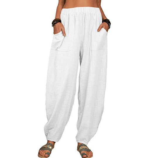 Damen nan lockere Leinenhose mit weitem Bein elastischem Bund und großen aufgesetzten Taschen EB