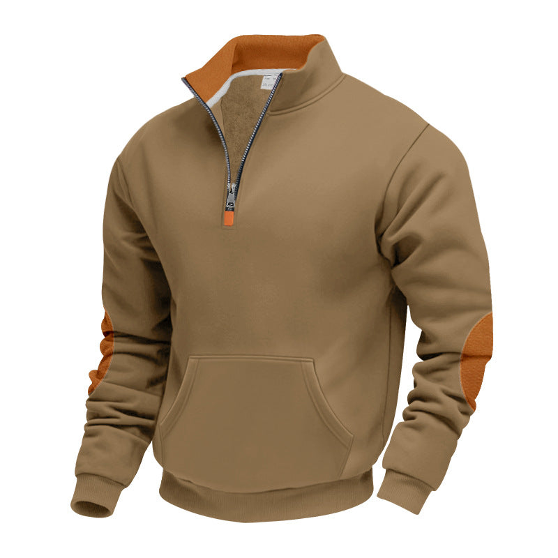 Herren nan isolierter Halbzip-Pullover mit Stehkragen Fleece-Innenfutter Kängurutasche und Wildleder-Ellenbogenpatches EB