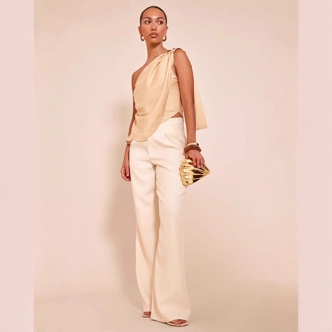 Damen asymmetrisches Satin-Oberteil mit drapiertem Abschluss EB