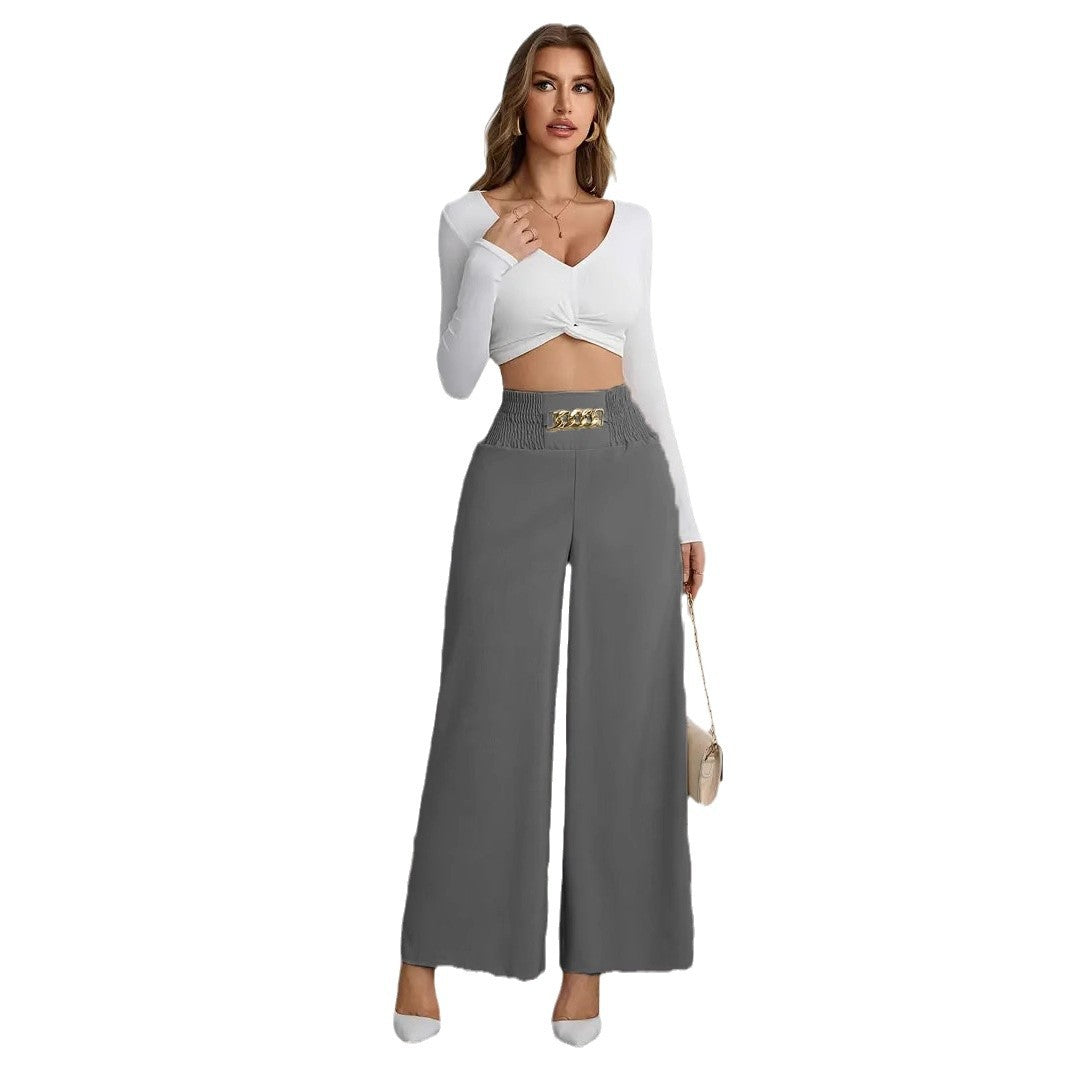 Damen Weite High-Waist Hose mit dekorativem Gummizug und modischem Gürtel EB