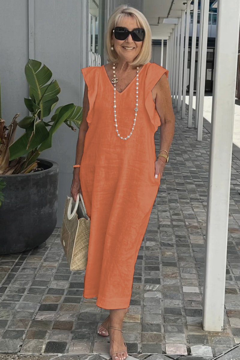 Damen Leichtes Maxikleid mit V-Ausschnitt und seitlichen Taschen EB