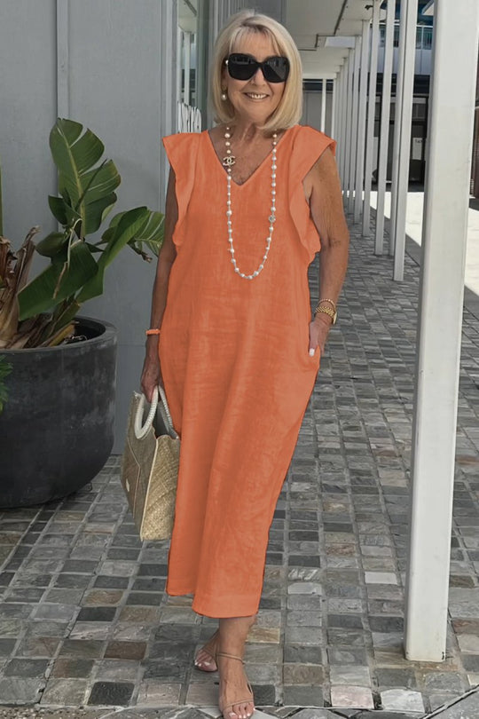 Damen Leichtes Maxikleid mit V-Ausschnitt und seitlichen Taschen EB