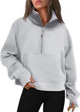 Damen nan weit geschnittenes Kurzpullover mit Stehkragen, halbem Reißverschluss und Kängurutasche EB