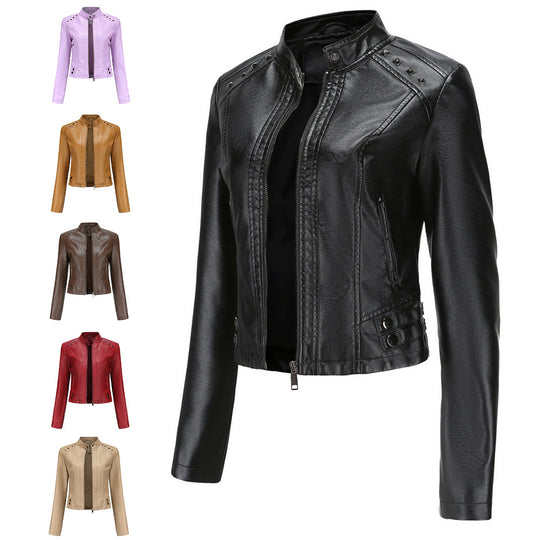 Damen nan kurze taillierte Kunstlederjacke mit Nietenbesatz und Stehkragen EB