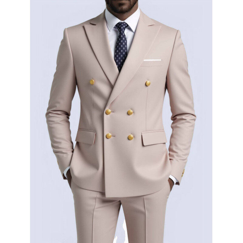 Herren nan doppelreihiger Slim-Fit Anzug mit goldenen Zierknöpfen und schmaler Businesshose EB